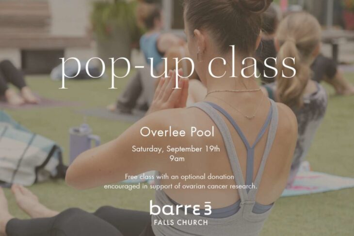 Promotional image for a pop-up fitness class at Overlee Pool: barre3 Falls Church event details and date.