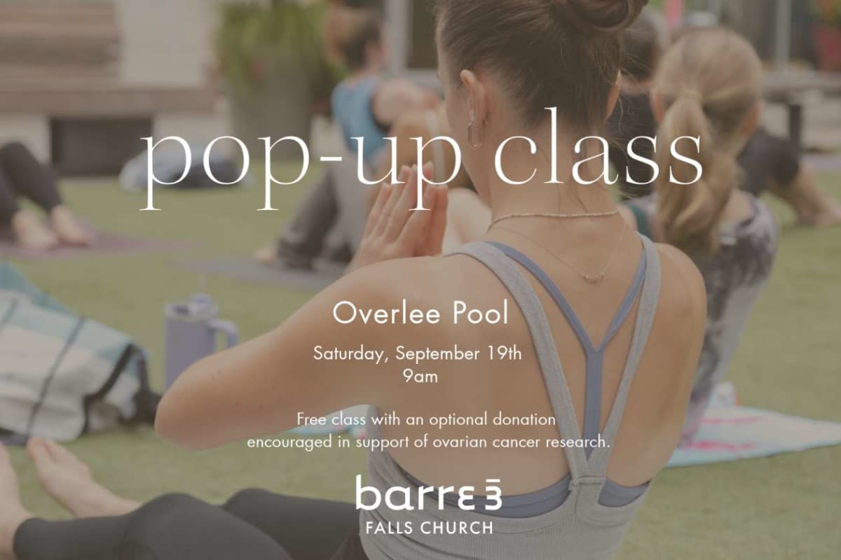 Promotional image for a pop-up fitness class at Overlee Pool: barre3 Falls Church event details and date.