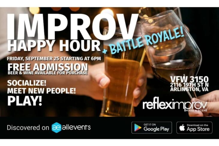 Event poster for 'Improv Happy Hour' and 'Battle Royale' with hands clinking beer glasses in the foreground.