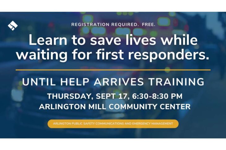 Free training poster: 'Learn to save lives while waiting for first responders' on Sept 17, 6:30–8:30 PM at Arlington Mill Community Center.