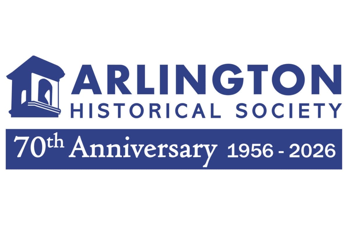 Arlington Historical Society logo featuring a blue gazebo icon and a bold 'ARLINGTON HISTORICAL SOCIETY' header with a blue banner reading '70th Anniversary 1956-2026'.