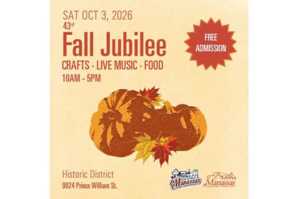 Fall Jubilee poster: Oct 3, 2026 with pumpkins, announcing crafts, live music, food and free admission (Historic District) 10am–5pm.