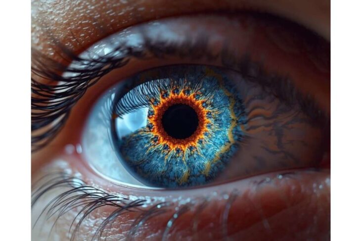 Close-up of a blue eye with a bright orange ring around the pupil and visible lashes.