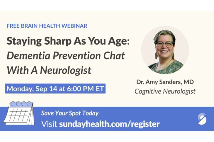 Banner for a free brain health webinar: title 'Staying Sharp As You Age: Dementia Prevention Chat With A Neurologist' with a portrait-style photo of a smiling female clinician on the right and registration link details at bottom left, in blue and beige tones.
