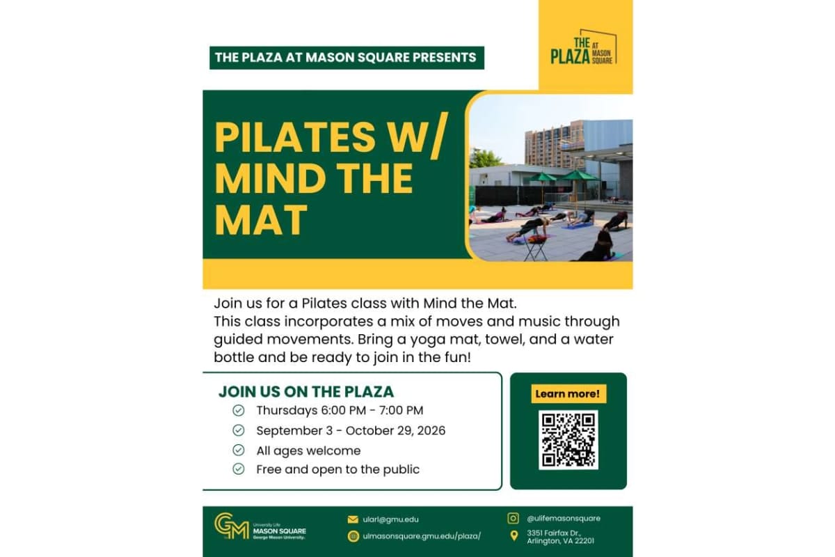Poster for Pilates w/ Mind the Mat at The Plaza at Mason Square; free, outdoor class Thursdays 6–7 PM Sept 3–Oct 29, all ages welcome.