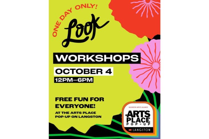 Bright lime poster advertising Look Workshops on October 4, 12–6 PM, free for everyone at The Arts Place Pop-Up Langston.