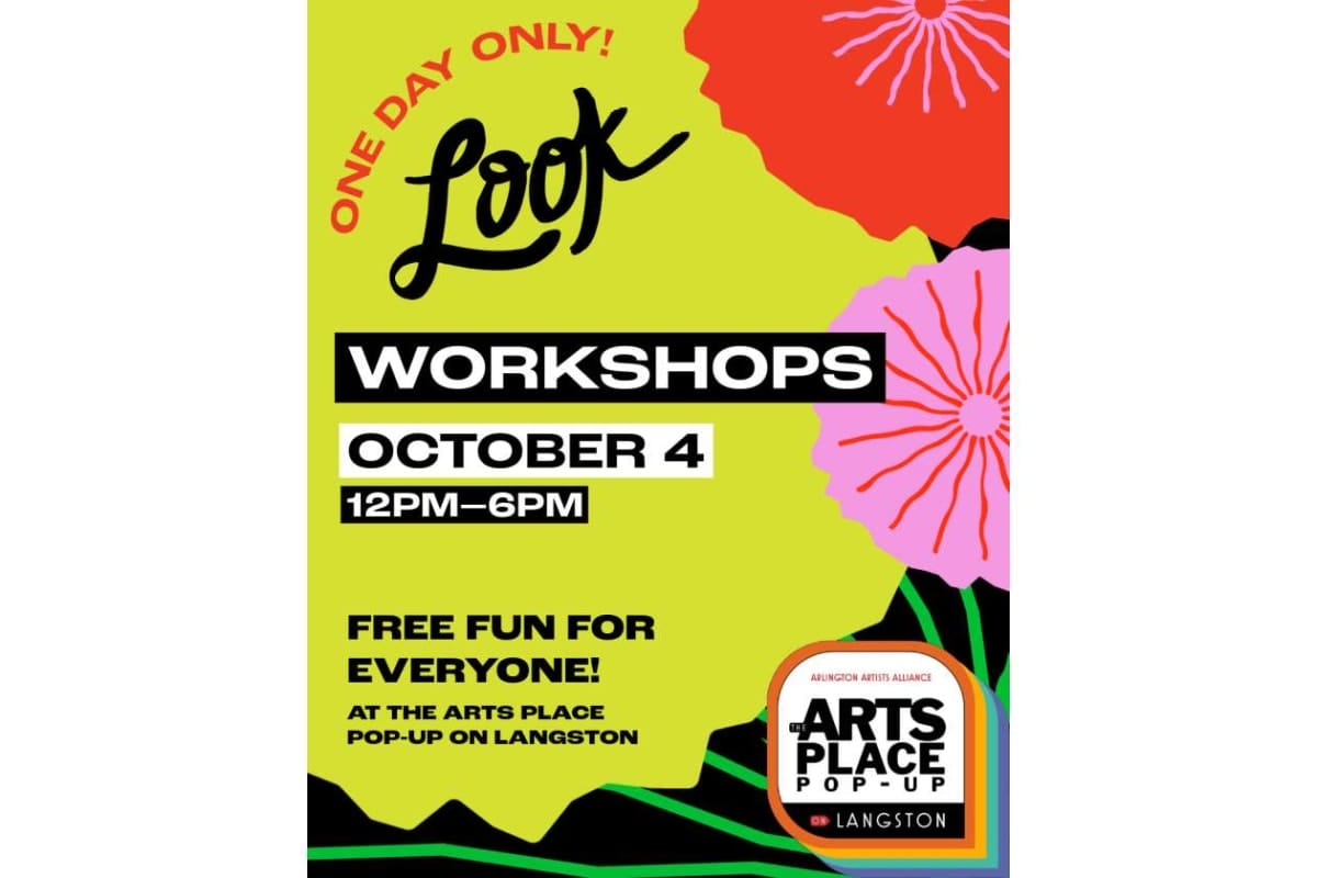 Bright lime poster advertising Look Workshops on October 4, 12–6 PM, free for everyone at The Arts Place Pop-Up Langston.