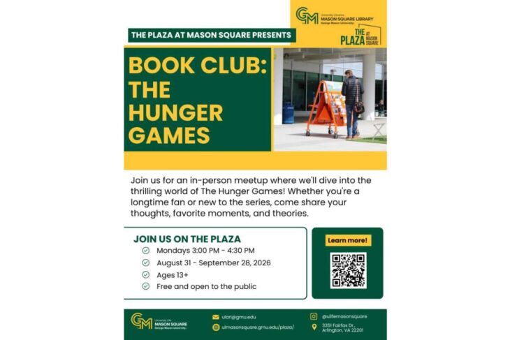 Flyer for Mason Square Library Book Club: The Hunger Games with event details and a QR code on the right side.
