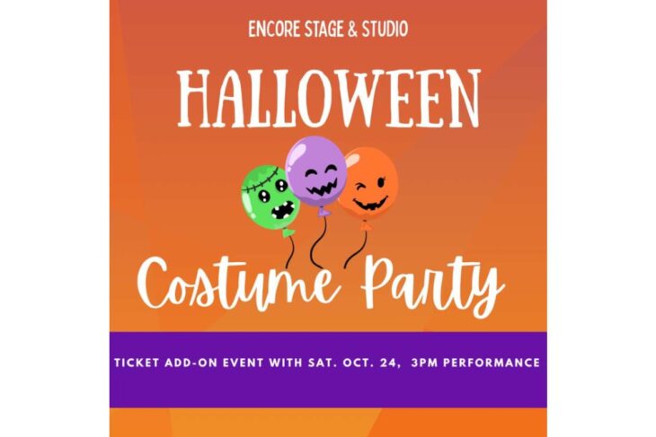 Poster for a Halloween Costume Party by Encore Stage & Studio; orange gradient background with three cartoon balloons and a purple information band at the bottom, including event details text.