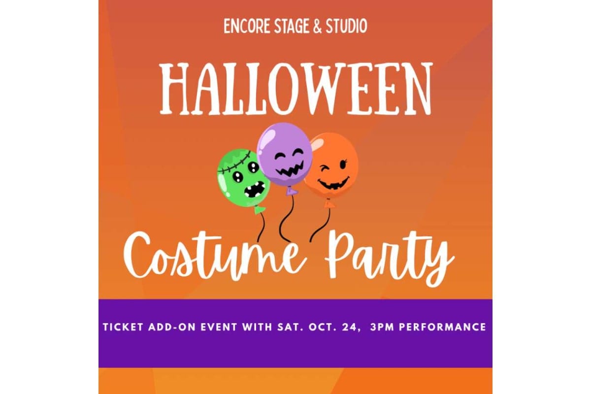 Poster for a Halloween Costume Party by Encore Stage & Studio; orange gradient background with three cartoon balloons and a purple information band at the bottom, including event details text.