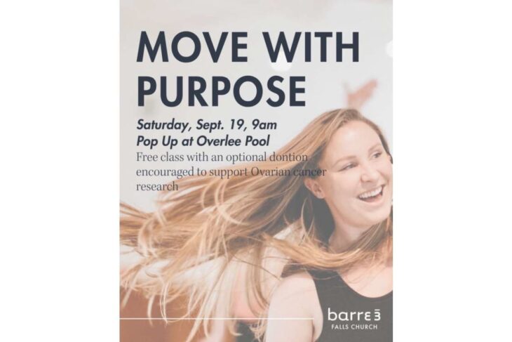 Poster for MOVE WITH PURPOSE event at Barre3 Falls Church, showing a smiling woman with flowing hair.