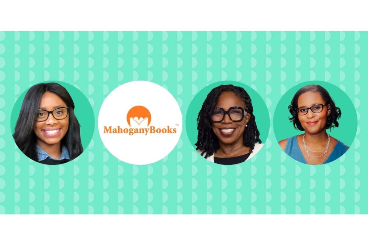 Four circular portraits on a teal patterned background with a central Mahogany Books logo circle.