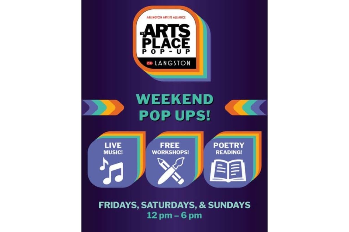 Poster for The Arts Place Pop-Up Langston advertising weekend pop-ups with live music, free workshops, and poetry readings.