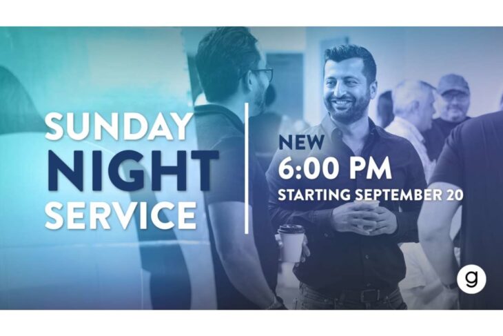 Promotional banner for Sunday Night Service with a smiling man in a crowd and text: 'Sunday Night Service' and 'New 6:00 PM starting September 20.'