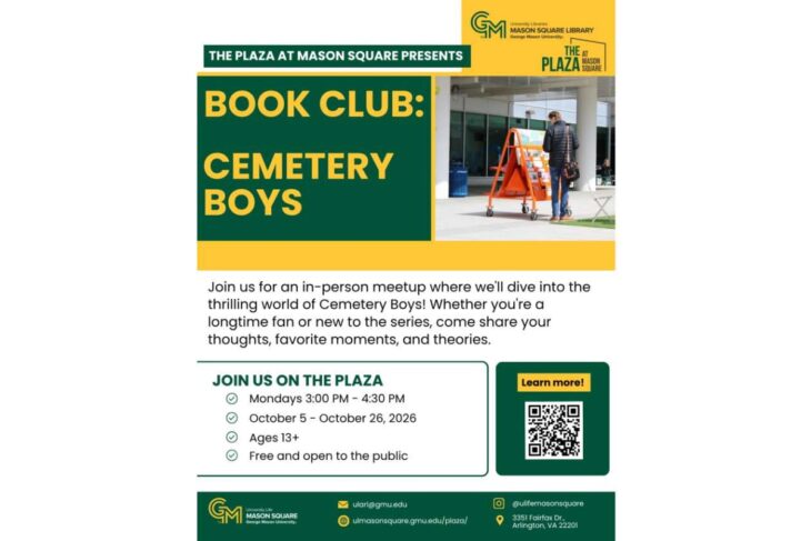Poster advertising The Plaza at Mason Square Book Club: Cemetery Boys; features bold green/yellow blocks, a photo of a person near an outdoor sign, and a QR code. Includes meetup details: Mondays 3:00 PM–4:30 PM, Oct 5–Oct 26, 2026, ages 13+, free and open to the public, plus library branding and contact info.
