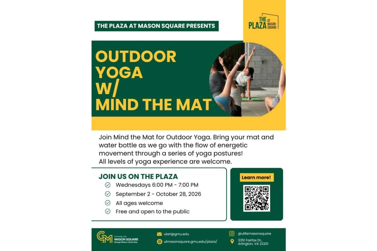 Promotional flyer for Outdoor Yoga with Mind the Mat at The Plaza, featuring a green/yellow color block and a circular photo of people doing yoga. Includes date, time, and QR code for more info (Join Us on The Plaza).