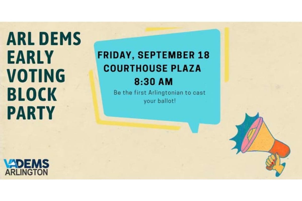 Poster promoting Arlington Dems' early voting block party: left-aligned text, blue speech-bubble with date and time, and a megaphone illustration on the right.