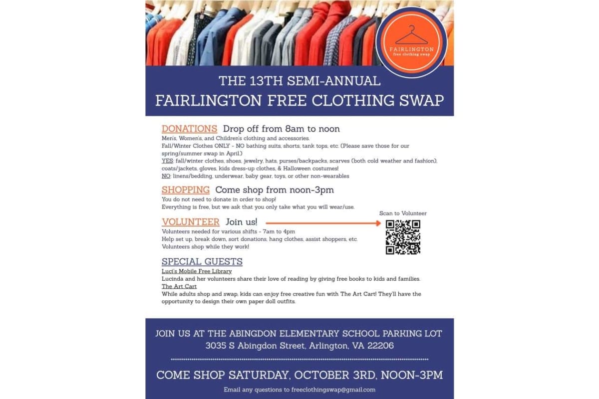 Poster for the 13th semi-annual Fairlington free clothing swap with donation, shopping, and volunteer info; includes date, location, and QR to volunteer on the right side.