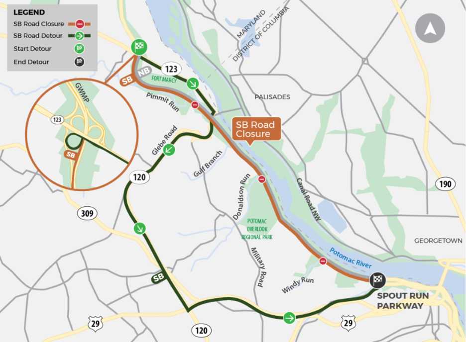Informational map showing a road closure along SB Road with detours indicated by green arrows near the Potomac River and Spout Run Parkway.