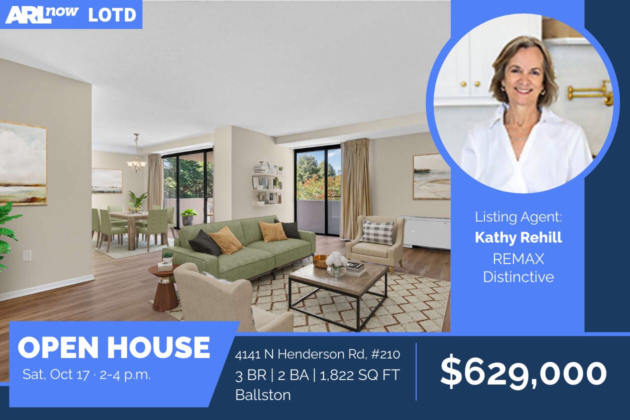 Open house banner over a bright living room; listing agent Kathy Rehill photo on the right, price $629,000