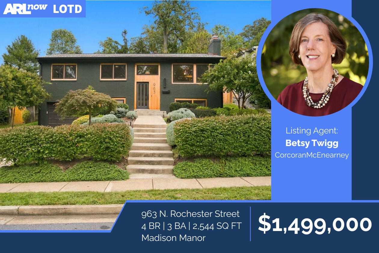 Front view of a dark-green, two-story house with a concrete staircase and manicured shrubs leading to a wooden front door; price $1,499,000 and address 963 N. Rochester Street are shown in a blue promo band with a portrait of listing agent Betsy Twigg.