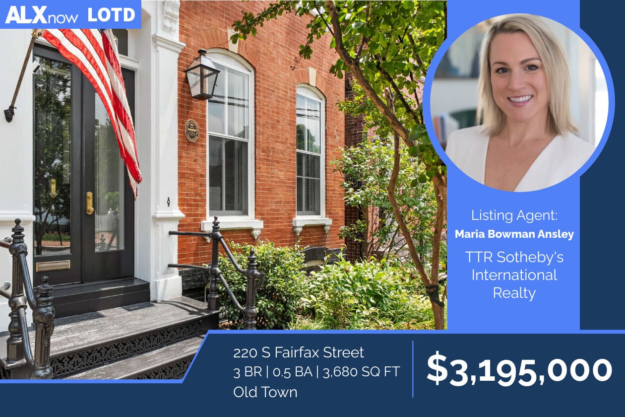 Front steps of a brick townhouse with an American flag; on the right, agent Maria Bowman Ansley in a circular portrait, listing at 220 S Fairfax Street for $3,195,000.