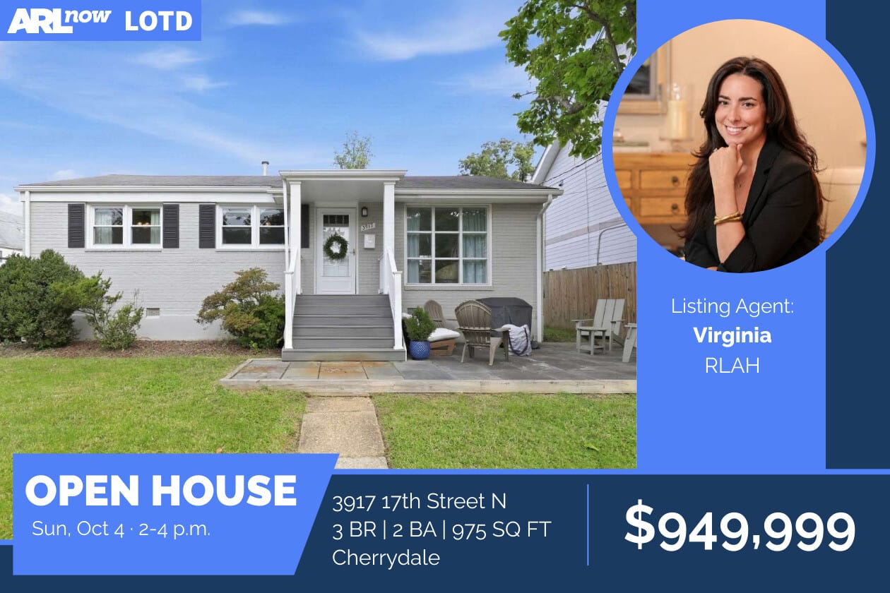 Open House banner showing a gray single-family home with blue graphics, listing agent Virginia RLAH, price $949,999, and address details on the bottom.
