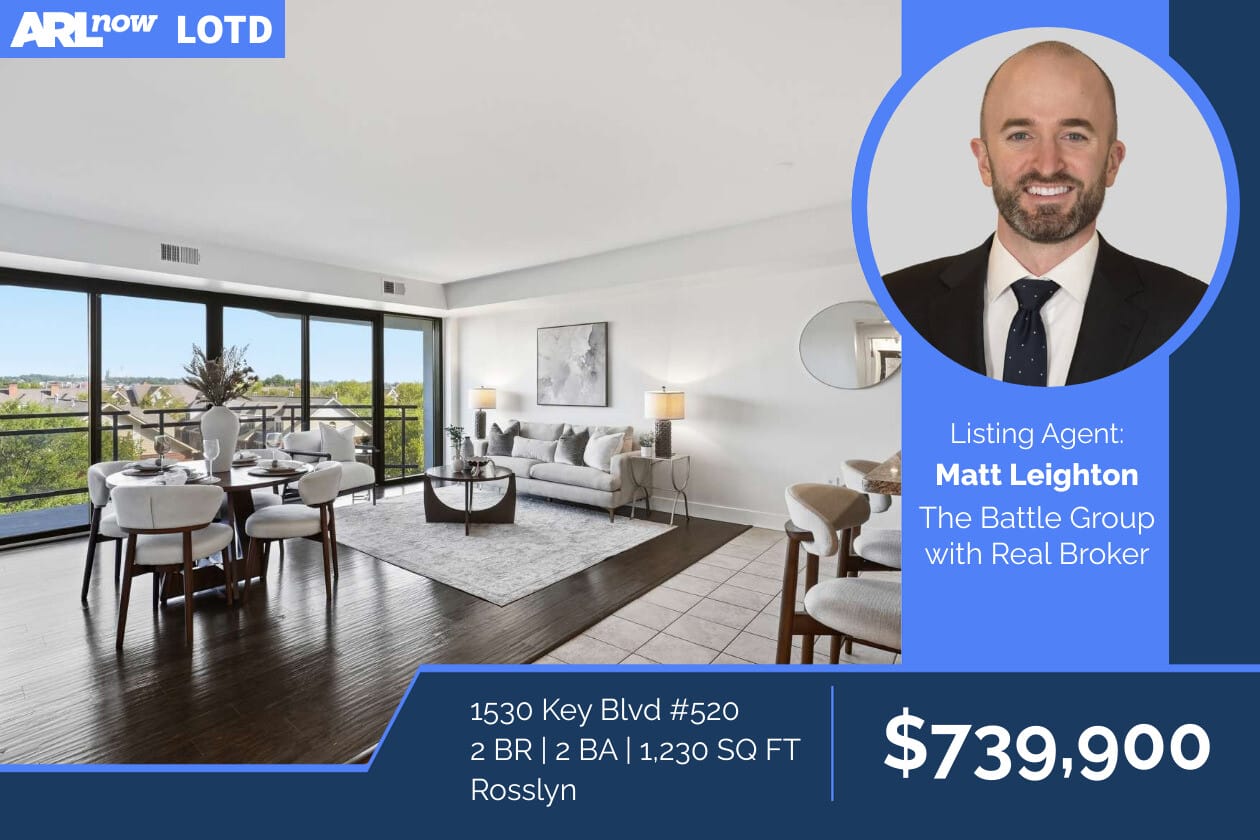 Modern living room with large windows and balcony view; listing at 1530 Key Blvd #520, 2 BR, 2 BA, 1,230 sq ft, Rosslyn, $739,900, agent Matt Leighton.