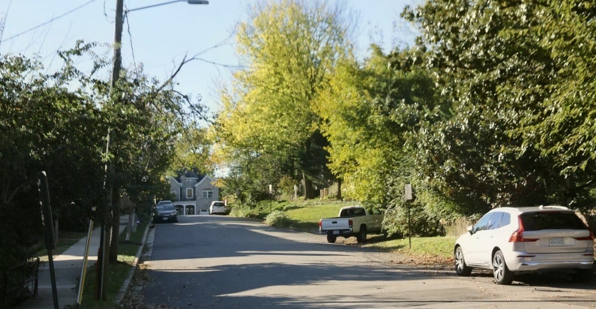 Residential street lined with trees and parked cars on both sides, a house visible in the distance on a sunny day