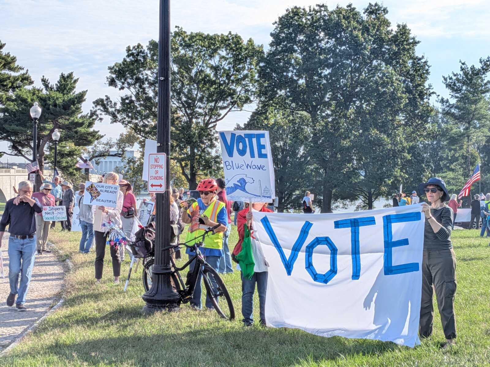 Group of protesters holding signs reading 'VOTE' and 'Blue Wave' at a daytime rally in a park.