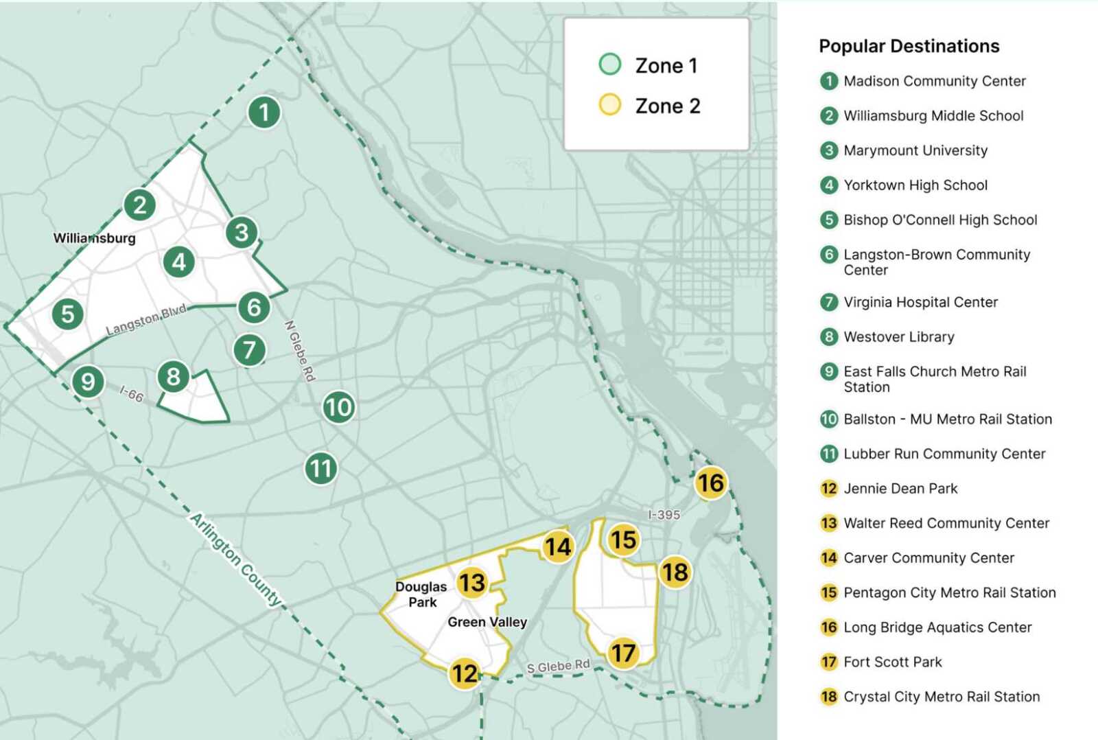 Map of city service zones: green zones 1–11 on the left, yellow zones 12–18 bottom-right, with a legend and destination list on the right.