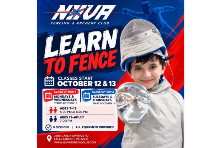 Poster promoting fencing lessons: child in fencing gear with bold 'Learn to Fence' text and class details.
