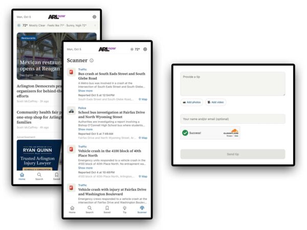 Multi-device mockup of the ARL Now app: left phone shows a news feed, center phone displays the Scanner with traffic alerts, right panel shows a tip form with a text box and buttons