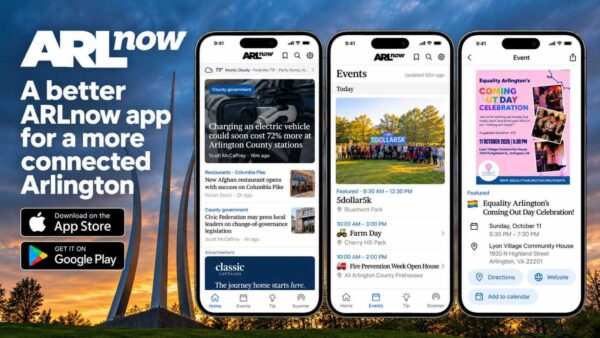 ARL Now app promo showing three iPhone screens with a news feed, events list, and an Equality Arlington event poster, plus App Store and Google Play badges on the left.