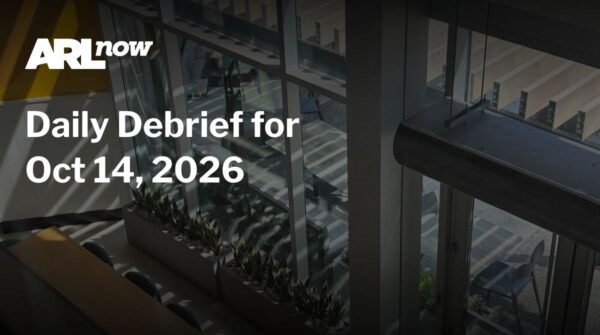 ARL Now branding with the title 'Daily Debrief for Oct 14, 2026' on a glass-office interior background.