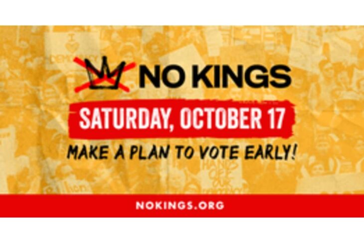 Campaign banner with 'No Kings' logo, red date bar reading 'Saturday, October 17' and 'Make a plan to vote early' (nokings.org)