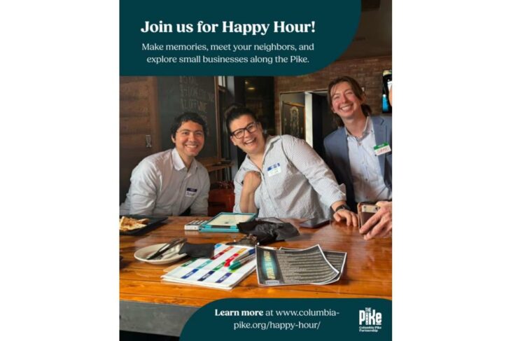 Three coworkers wearing name tags sit at a wooden bar, smiling under a teal banner that reads 'Join us for Happy Hour!'