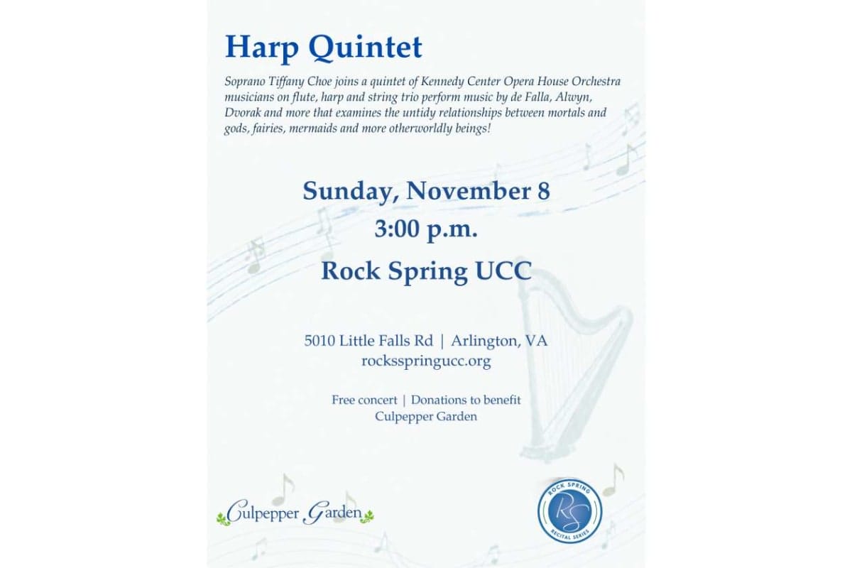 Poster for a Harp Quintet concert: Sunday, November 8 at 3:00 p.m. at Rock Spring UCC, Arlington, VA (free concert; donations to Culpepper Garden).