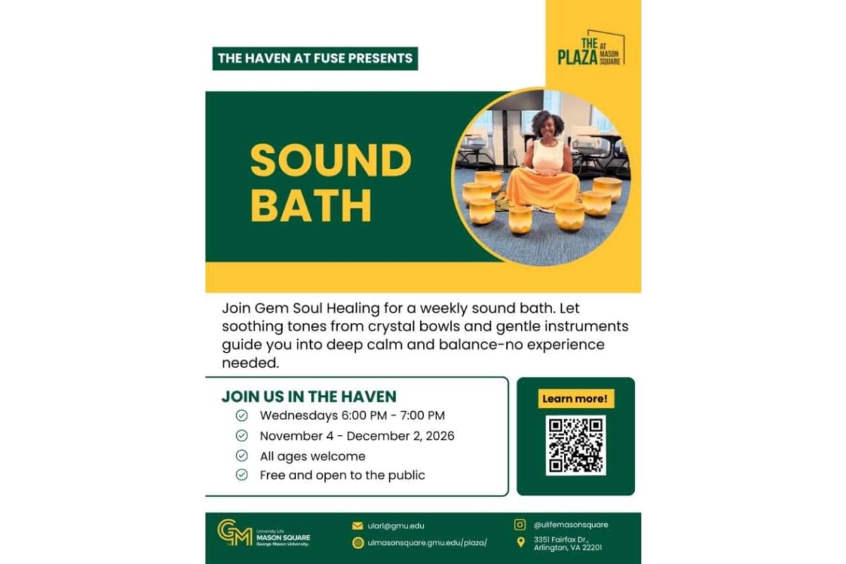 Flyer for The Haven at Fuse: Sound Bath event with a woman seated among yellow crystal bowls on a green/yellow poster. 2 images: text and photo collage.