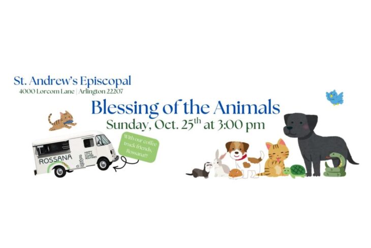 Banner for St. Andrew's Episcopal Blessing of the Animals event, showing a vehicle and a group of pets ready for a church blessing (dogs, cats, birds, turtle). It includes event details and date.