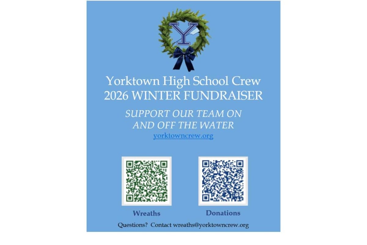 Blue Yorktown High School Crew Winter Fundraiser poster with wreath logo and two QR codes labeled Wreaths and Donations.