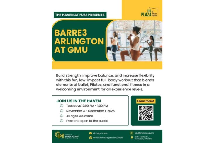 Flyer for Barre3 Arlington at GMU with a workout photo and a QR code; includes dates, times, and that the event is free and open to all ages in Arlington, VA.