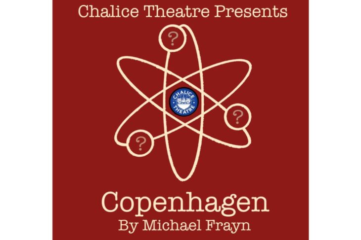 Promotional poster for Copenhagen by Michael Frayn from Chalice Theatre, with a maroon background and an atomic diagram enclosing a theatre logo central to the design.