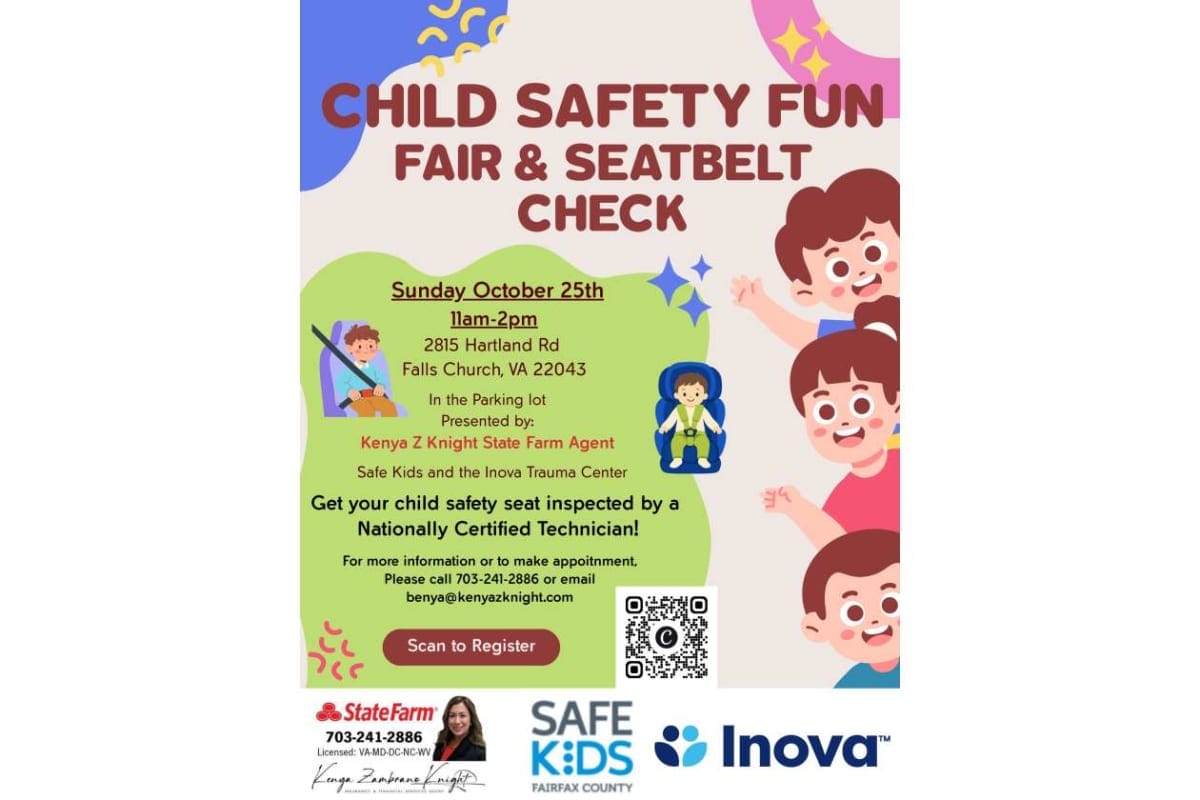 Poster for a Child Safety Fun Fair & Seatbelt Check on Sunday, Oct 25, 11am–2pm, Falls Church, VA; registration QR code features on poster edge. Highlights Safe Kids and Inova Trauma Center with sponsor logos.