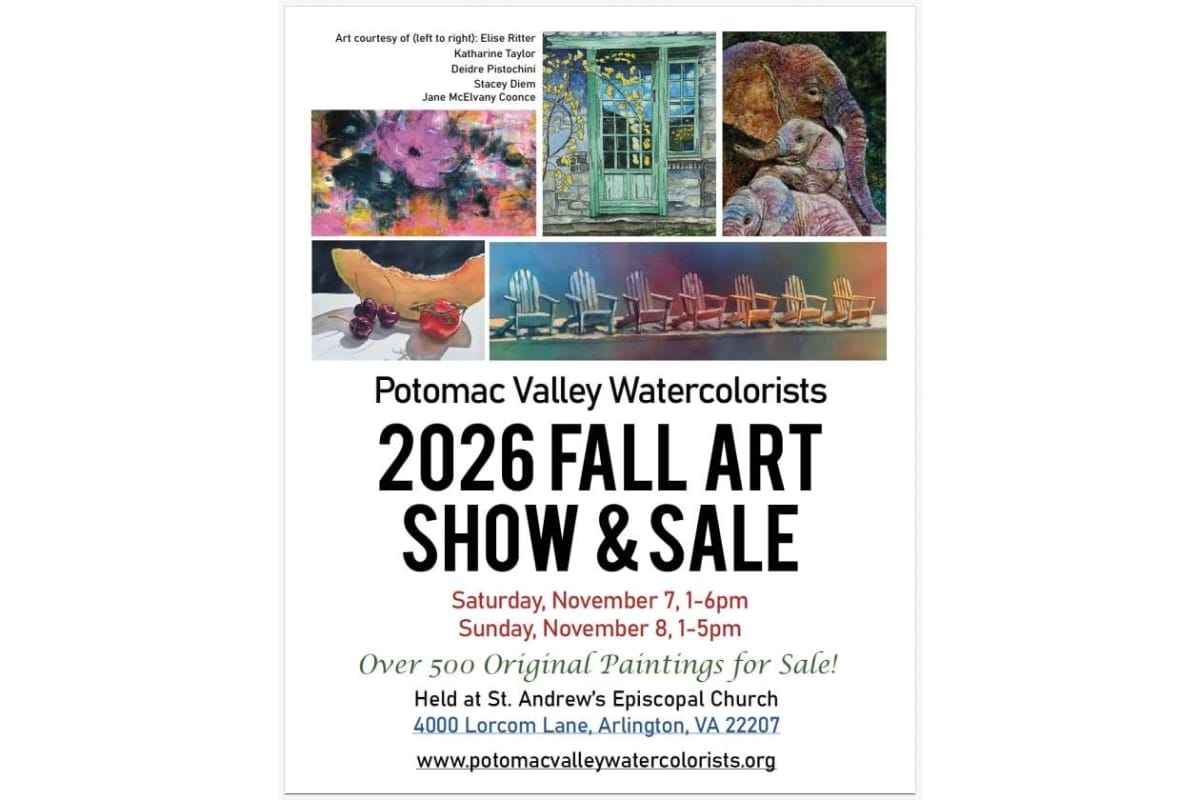 Poster for Potomac Valley Watercolorists 2026 Fall Art Show & Sale with event dates November 7–8 in Arlington, VA (1–6pm Sat, 1–5pm Sun).