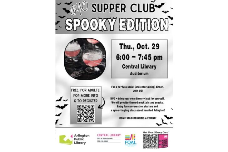 Flyer for BYO Supper Club: Spooky Edition on Oct 29, 6:00–7:45 pm at Central Library Auditorium; includes QR code for more info and registration.