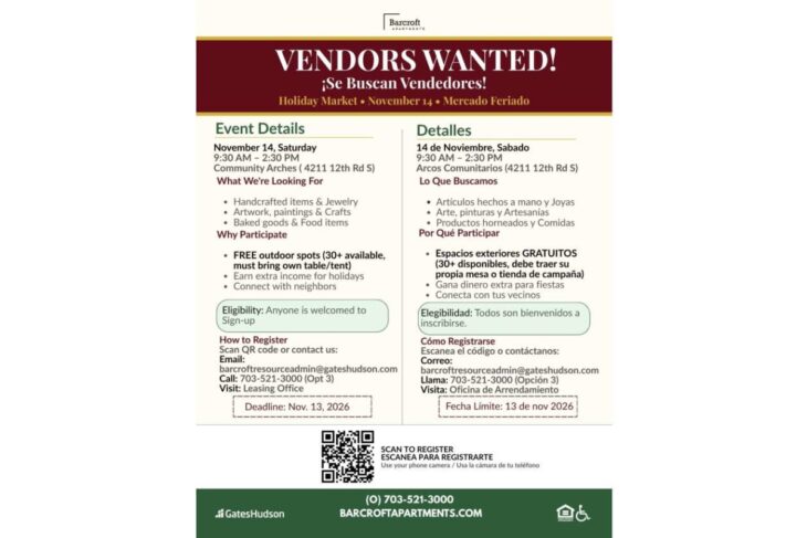 Vendors Wanted flyer for a holiday market with bilingual English/Spanish details and a QR code for registration.