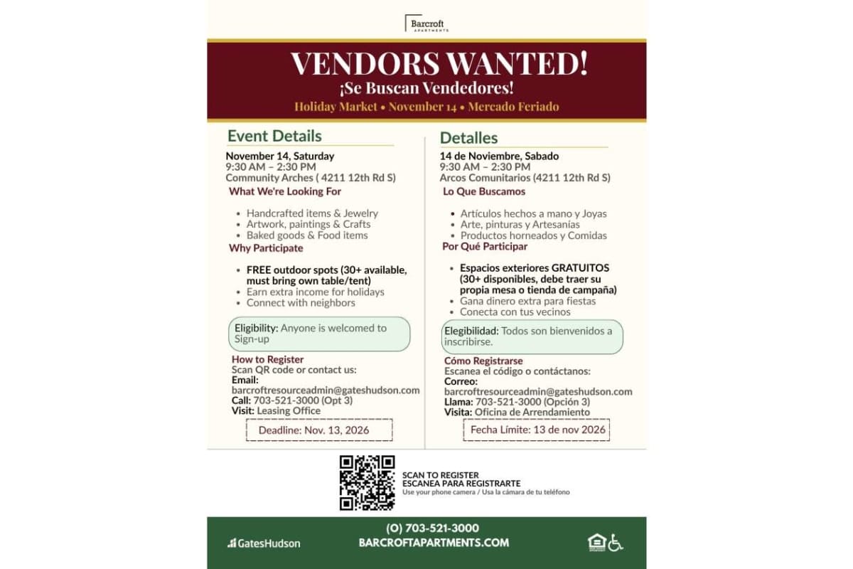 Vendors Wanted flyer for a holiday market with bilingual English/Spanish details and a QR code for registration.