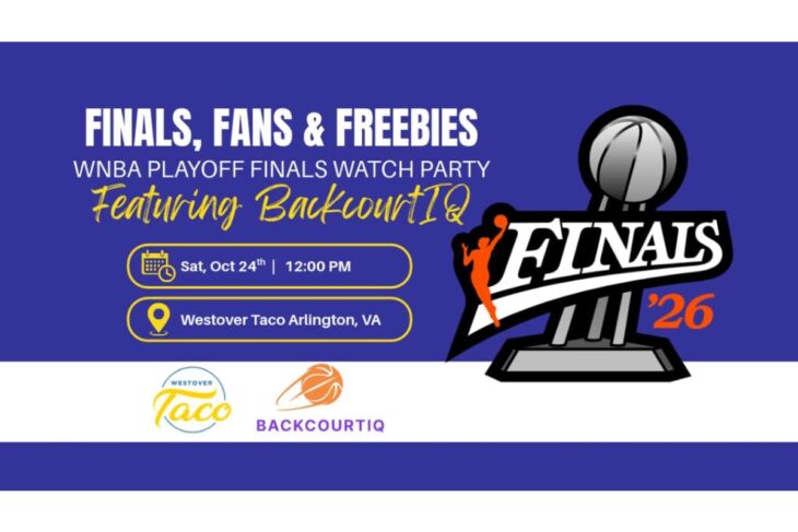 Poster for a WNBA Finals watch party: 'Finals, Fans & Freebies' featuring BackcourtIQ, with event details (Sat, Oct 24 • 12:00 PM • Westover Taco Arlington, VA) and sponsor logos.