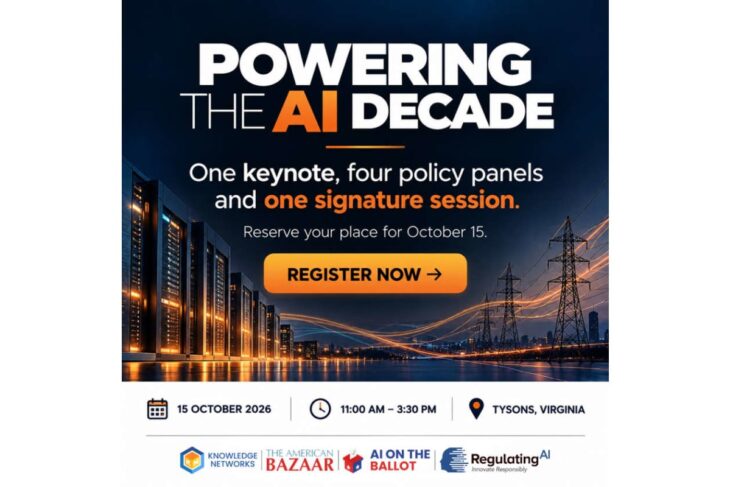 Promotional poster for 'Powering the AI Decade' event with a register button and event details in Virginia (Tysons), Oct 15, 2026, 11:00 AM–3:30 PM.